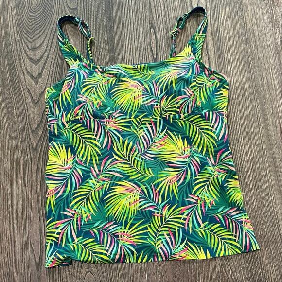 Lands' End Tankini Top Square Neck Underwire Baltic Teal Multi Palm Size 14 - Picture 1 of 5